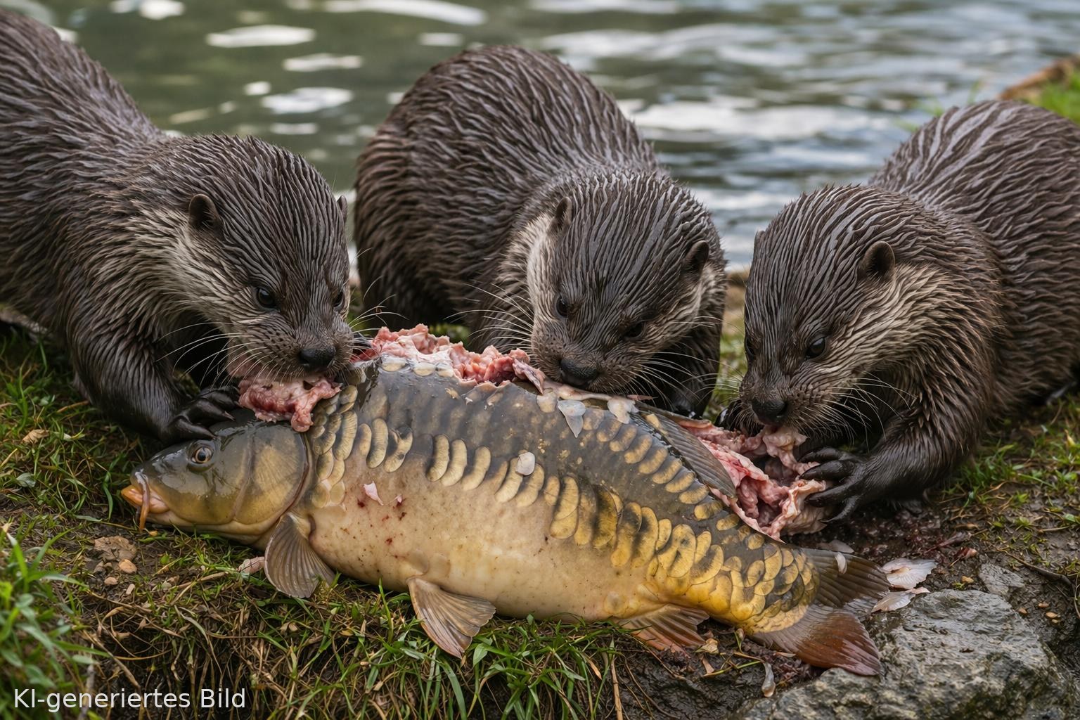 Fischotter fressen Fisch am Ufer