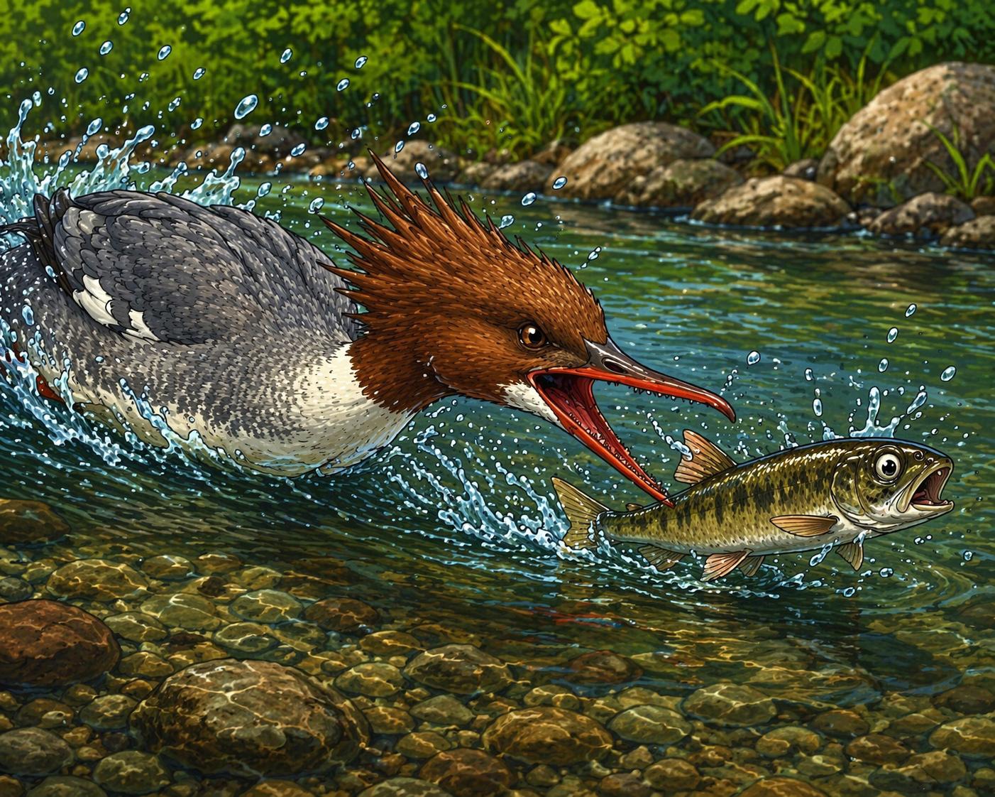 Gänsesäger greift Fisch an
