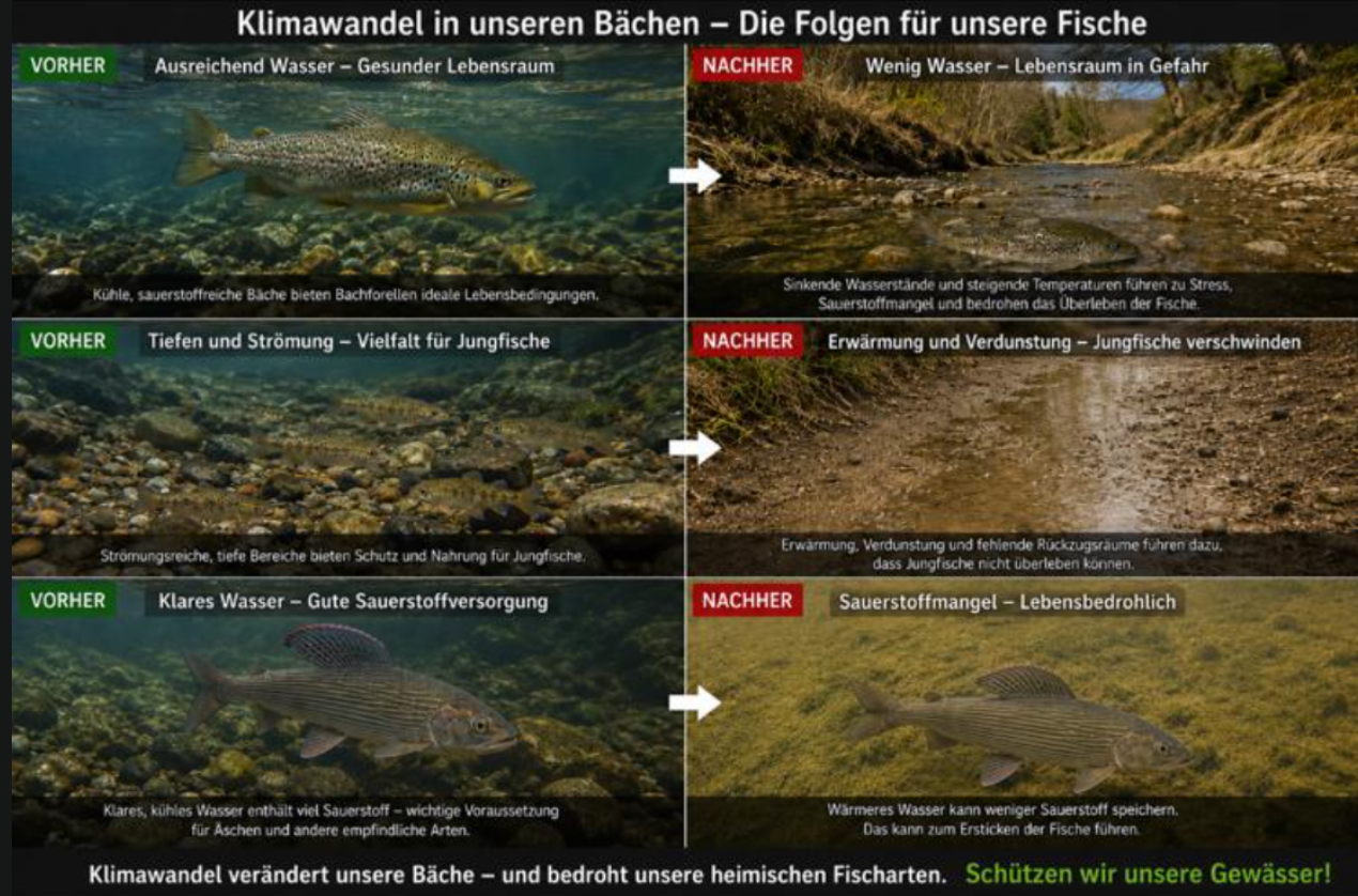 Infografik Vorher-Nachher: Auswirkungen des Klimawandels auf Bachforelle und Äsche – ausreichend Wasser versus Niedrigwasser, Beschattung versus Erwärmung, klares Wasser versus Sauerstoffmangel