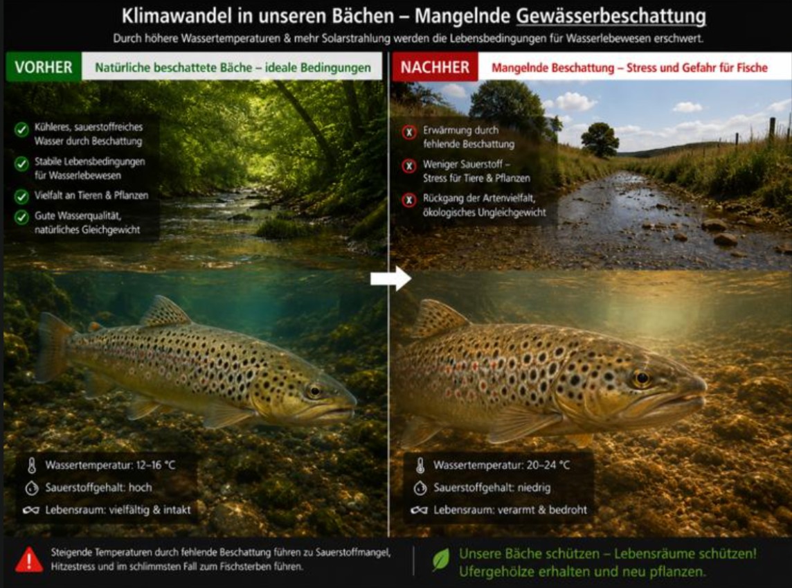 Infografik: Vorher-Nachher-Vergleich zwischen beschattetem und unbeschattetem Bach mit Wassertemperaturen 12–16 °C versus 20–24 °C