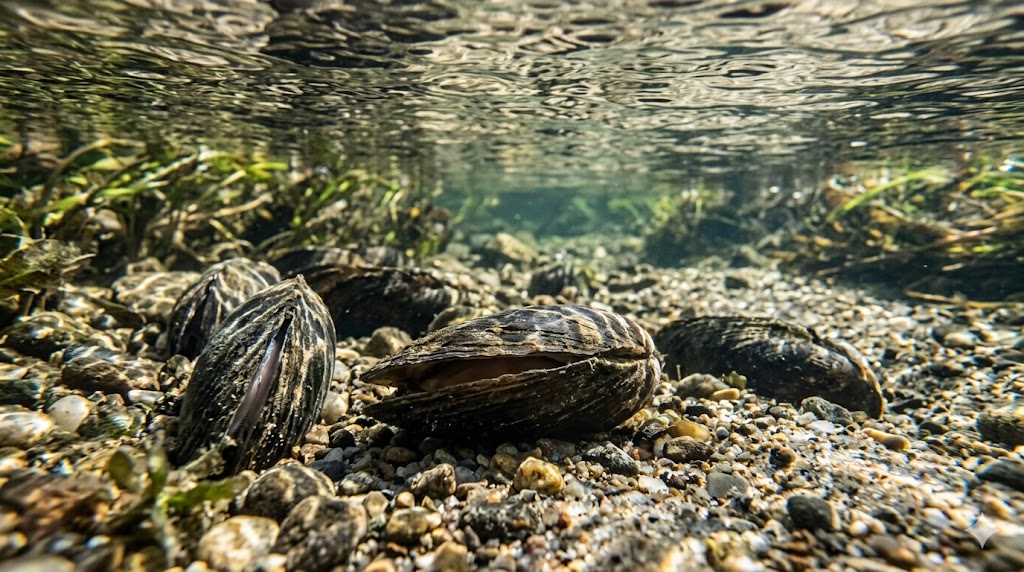 Flussperlmuscheln am Bachgrund