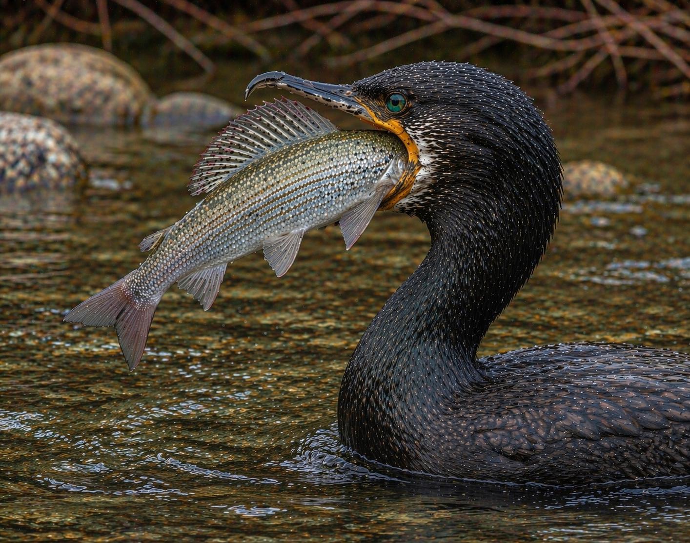 Kormoran mit Äsche im Schnabel
